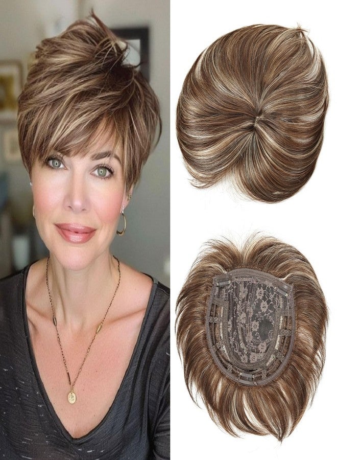 BECUS Brown Hair Topper for Women,Hair Pieces Clip-In 360° 3D Cover, Toppers Short Synthetic Bangs for Thinning Hair, 6.5X6 Daily Wear(Dark Brown with Blonde Highlights) - Image 1